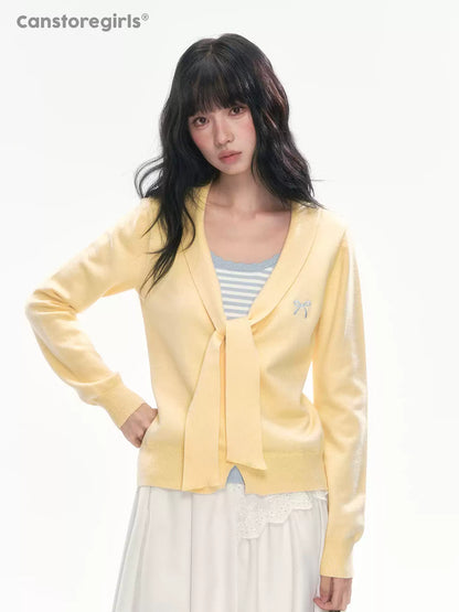 [CAN] Bow Embroidery Knit Cardigan (Blue / Yellow)