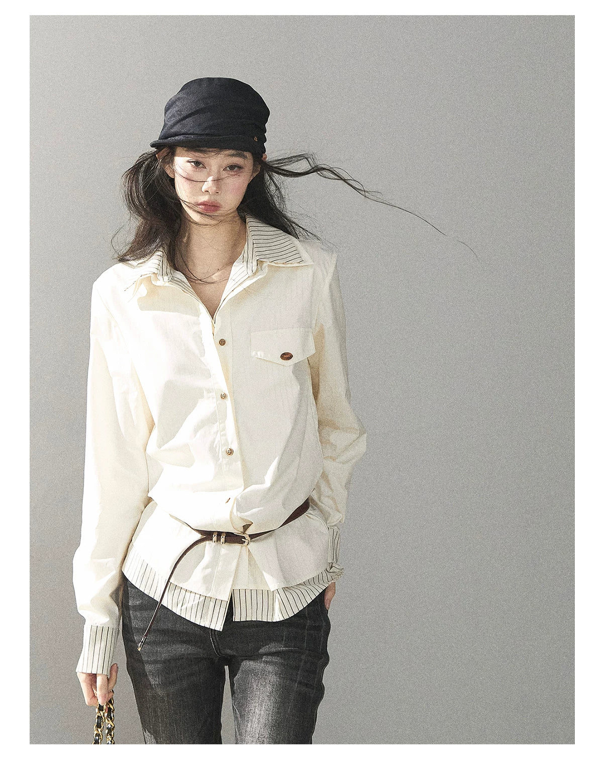 AOMALM - Cream White Stripe Belted Shirt Top