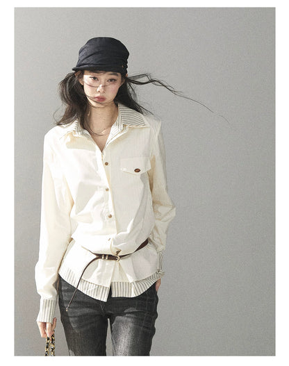 AOMALM - Cream White Stripe Belted Shirt Top