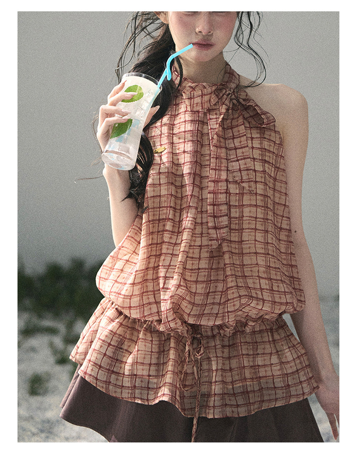 “Maple Whisper” Rust Red Halter Plaid Slim Tee