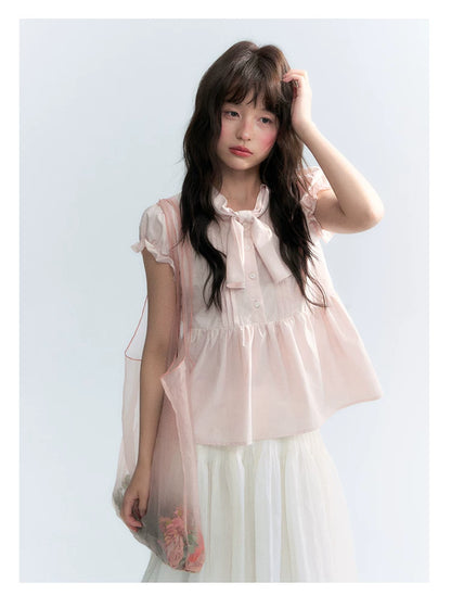 "Rosy Whisper" Dusty Pink Bow Embroidered Puff Sleeve Blouse