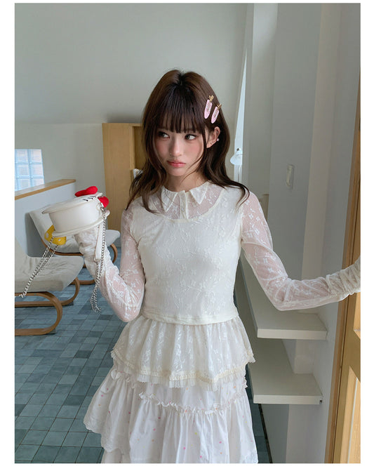 “Soft Veil Sonata” Apricot Layered Lace Mesh Top