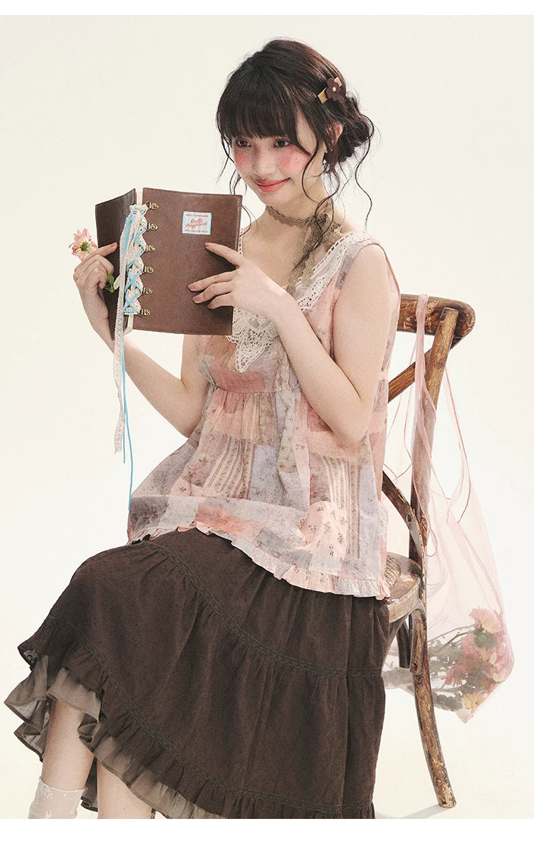 "Fragments of Time" Pink Brown Patchwork Lace Ruffle Trim Sleeveless Top