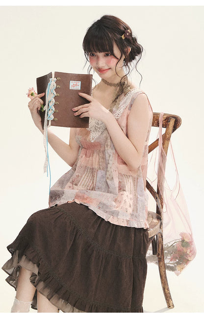 "Fragments of Time" Pink Brown Patchwork Lace Ruffle Trim Sleeveless Top