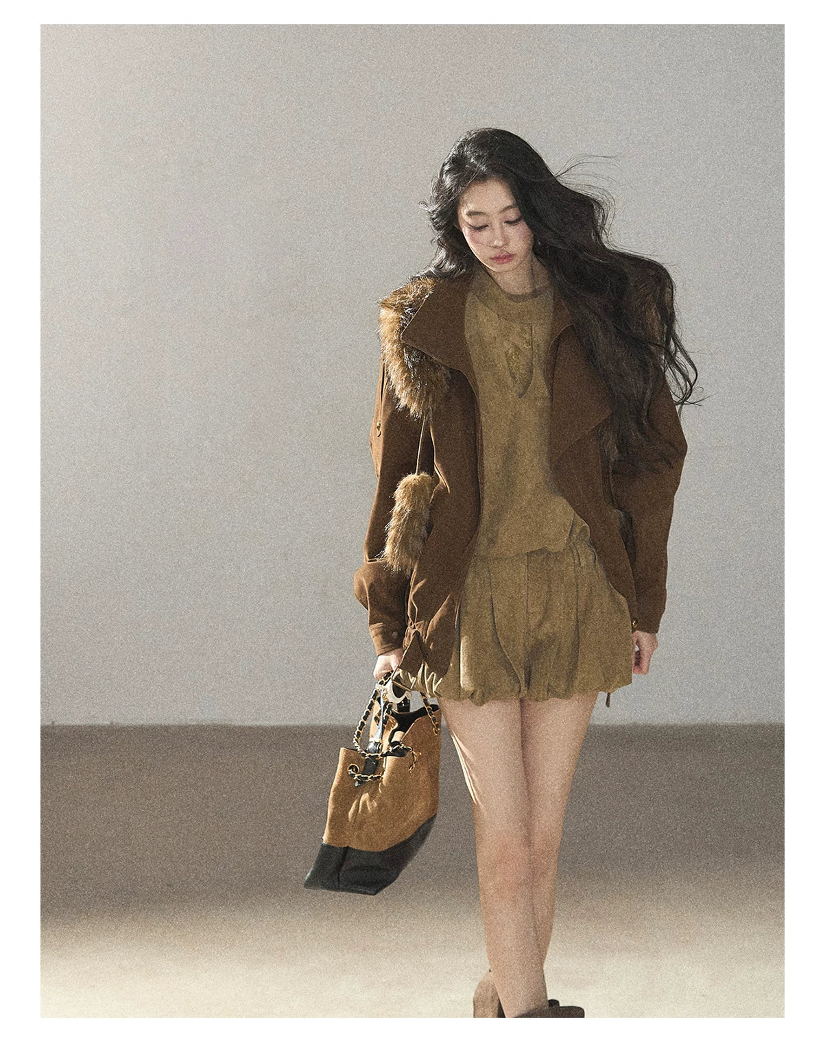 AOMALM - "The Veins of Leaves" Oatmeal French Faux Suede Top & Shorts Set