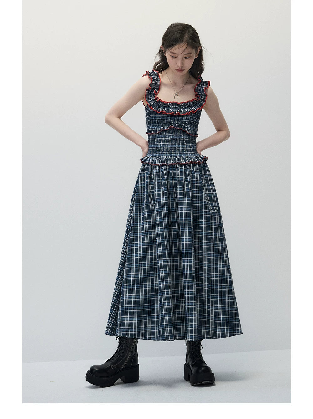 Navy Blue Plaid Off-Shoulder Maxi Dress with Red Contrast Trim