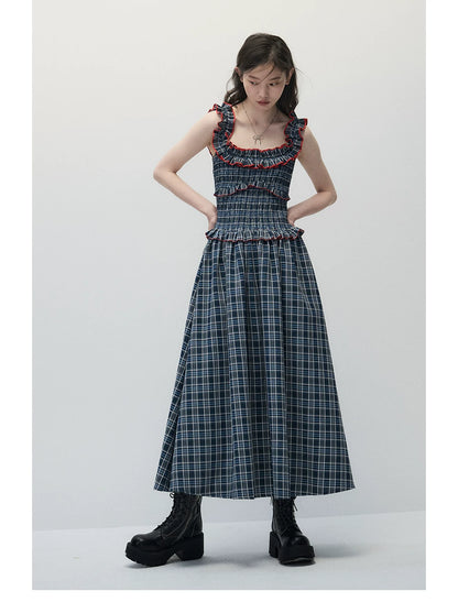 Navy Blue Plaid Off-Shoulder Maxi Dress with Red Contrast Trim