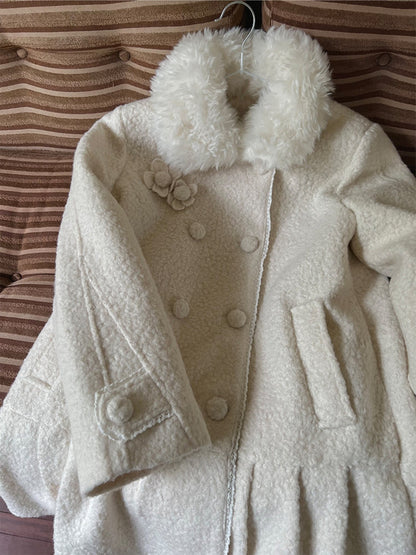 阮阮自制 - Birch Lily Milky White Detachable Fur Wool Coat