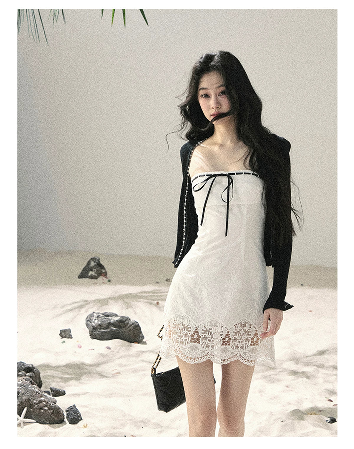 "Moonwoven Reverie" Cloud White Lace Bodycon Mini Dress & Serenity Black Cardigan 5132