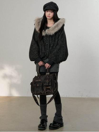 Soote Season - Dark Gray Wool Batwing Cape Coat with Faux-Fur Collar