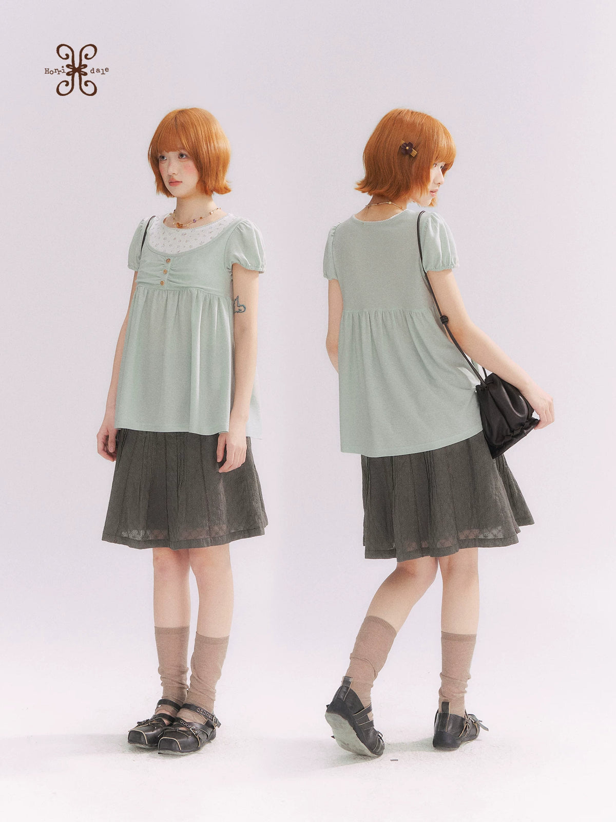 “Vintage Layered Charm” Mint Green Floral Layered Puff Sleeve T-Shirt