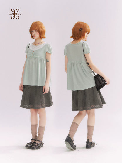 “Vintage Layered Charm” Mint Green Floral Layered Puff Sleeve T-Shirt