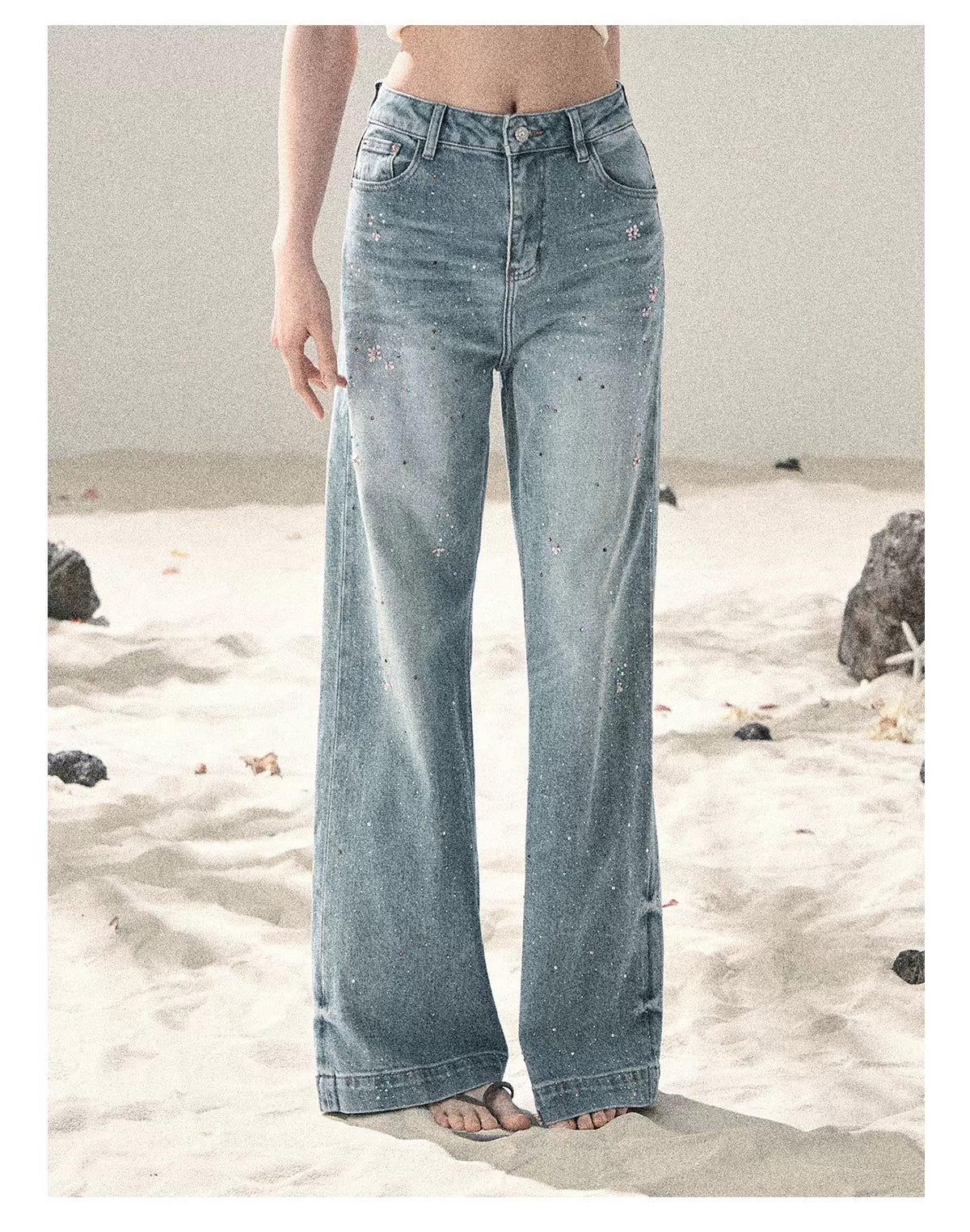 "Starlit River Shimmer" Distant Sky Blue Rhinestone Wide-Leg Jeans 65633