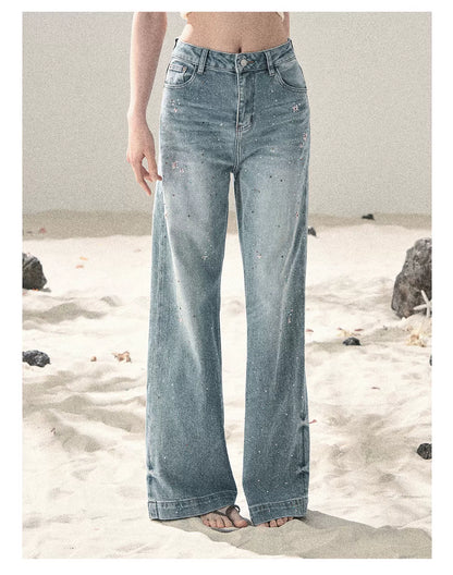 "Starlit River Shimmer" Distant Sky Blue Rhinestone Wide-Leg Jeans 65633