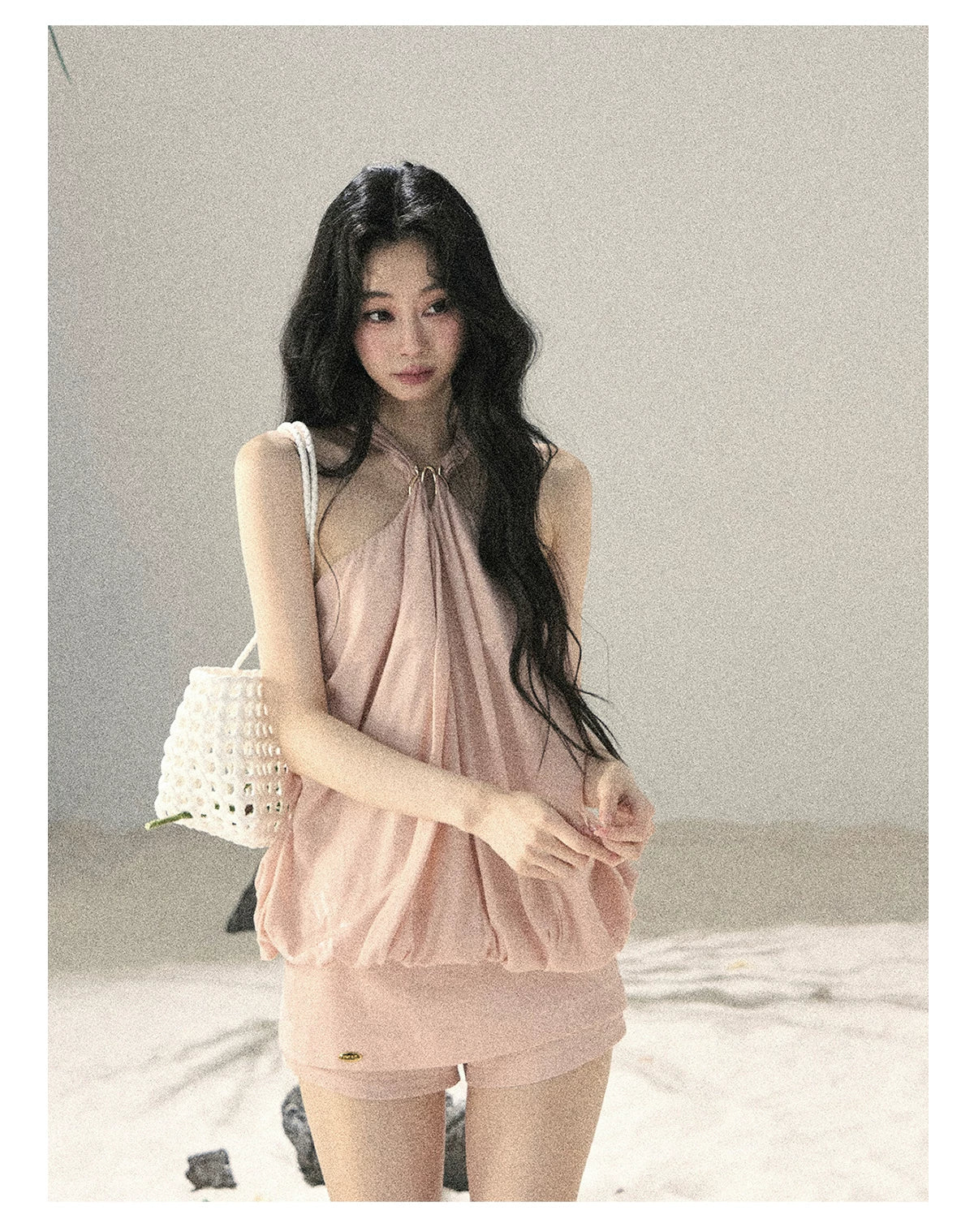"Soft Luminous Glow" Misty Pink Halter Top & High-Waisted Skort Two-Piece Set