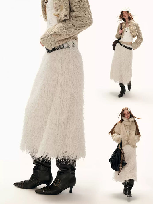 MAMC - Beige 3D Feathered Midi Skirt WE851