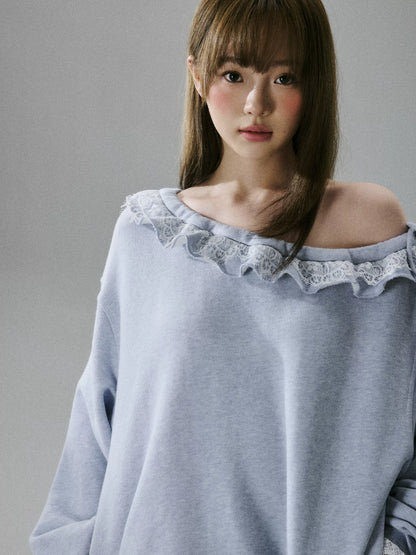 LOST FOREST - Heather Gray One-Shoulder Eyelash Lace Cotton Sweatshirt