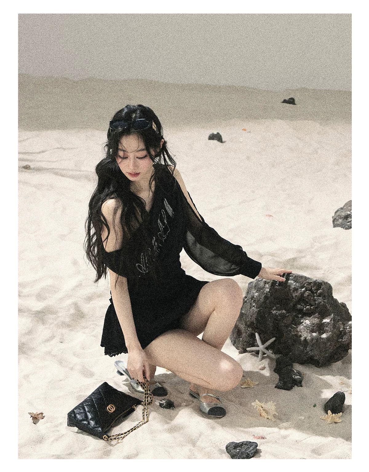 "Scattered Starlight" Midnight Black Off-Shoulder Mesh Waist-Cinched Top