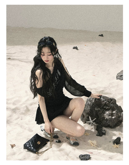 "Scattered Starlight" Midnight Black Off-Shoulder Mesh Waist-Cinched Top