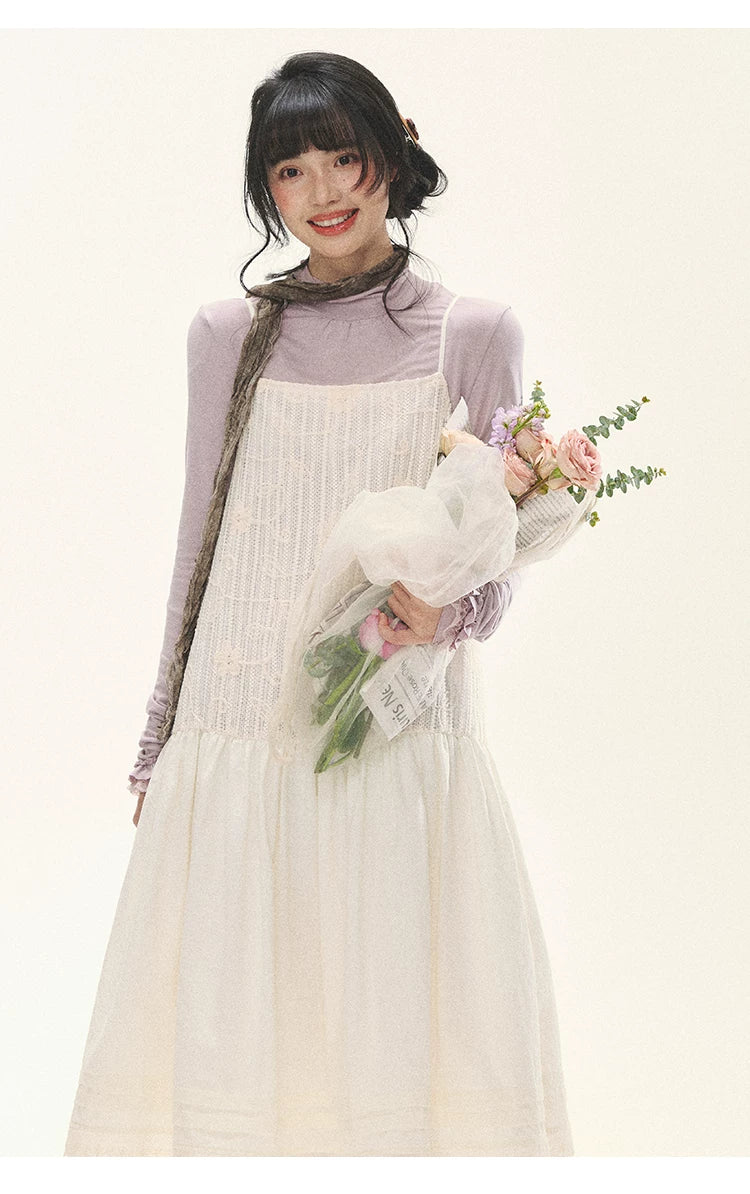 "Ivory Blossoms" Apricot Mist Beige Floral Pinafore Midi Dress