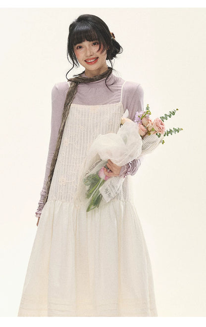 "Ivory Blossoms" Apricot Mist Beige Floral Pinafore Midi Dress