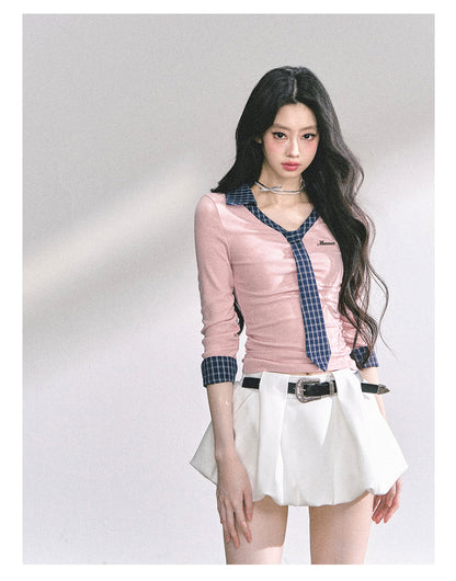少也眼 "Han Gao Rolecard" Dual-Layer Illusion V-Neck Plaid Waist-Slimming Tee - Pink