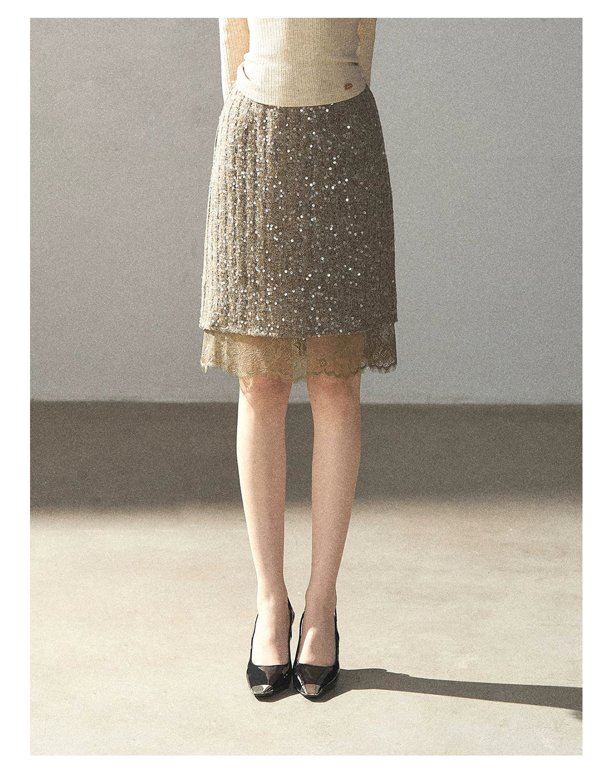 AOMALM - Gray Taupe Brown Sequin Lace Midi Skirt