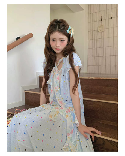 “Sea Salt Blossom Letter” Baby Blue Layered Skirt Set