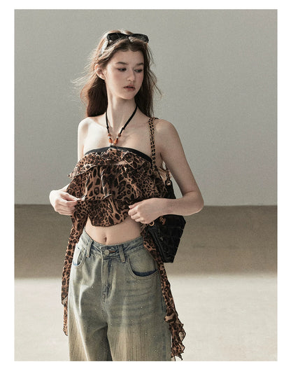 "Chasing the Sunset" Chestnut Brown Leopard Halter Ruffle Crop Top