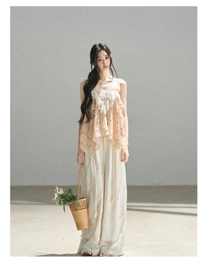 "A Love Letter to Sunlight" Dutch Cream Lace Wide-Leg Pants (With Matching Waist Rope)