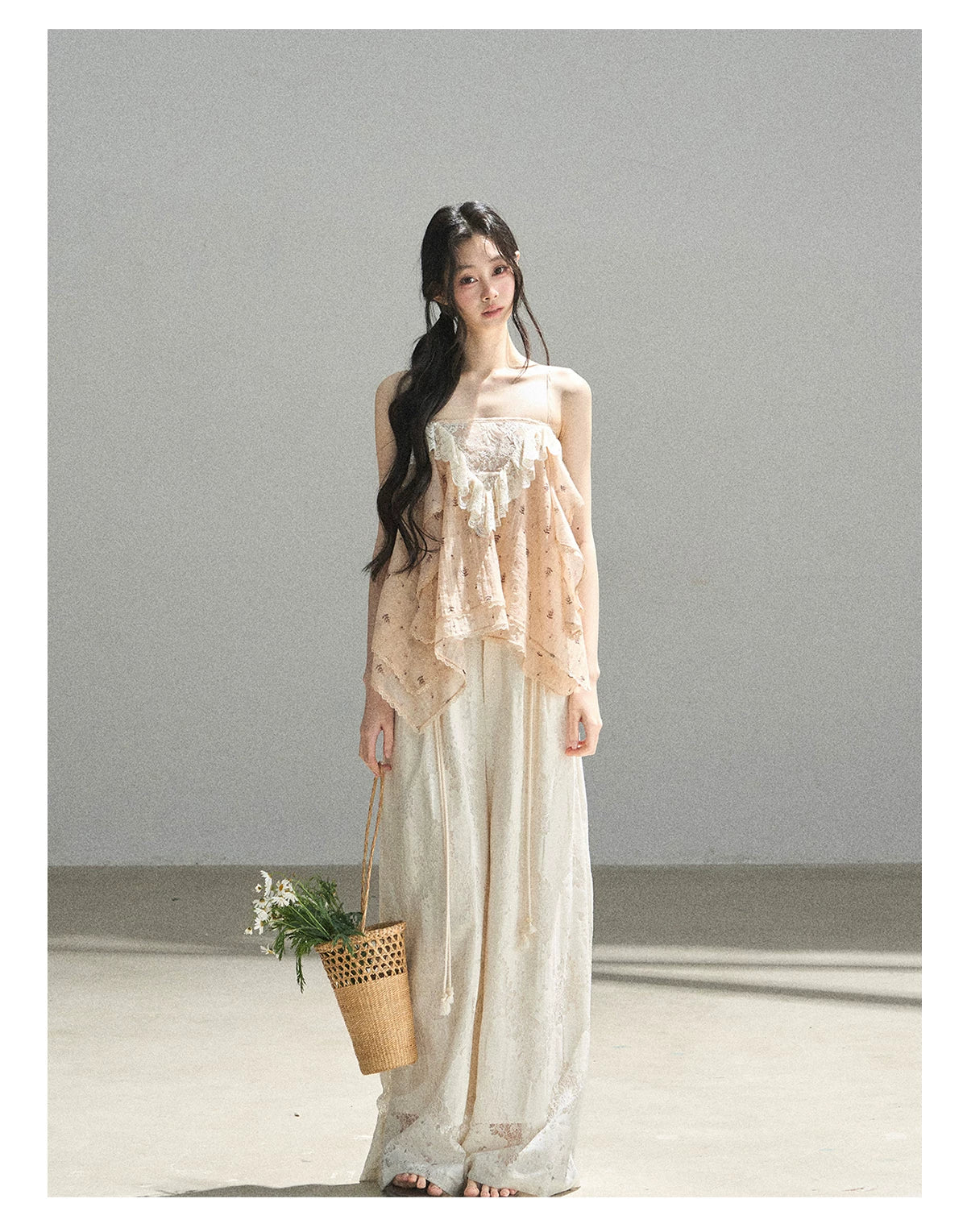 "Orange-Scented Dusk" Toasted Rice Beige Asymmetrical Lace Cami