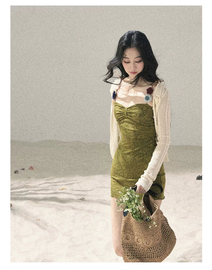 "Entwined Vines" Olive Mist Bodycon Dress & Cardigan Set 543648532