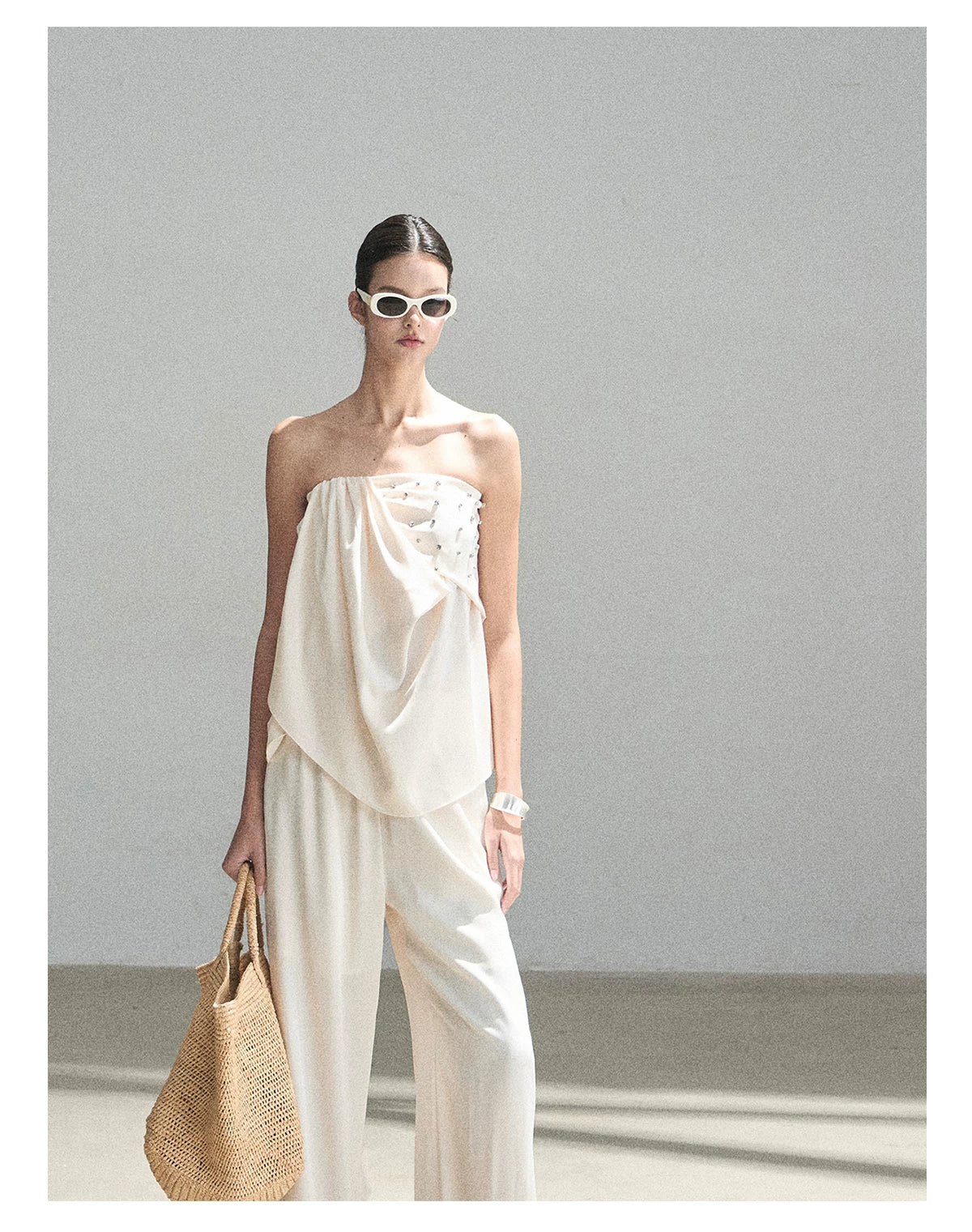 "Summer Rain at Dusk" Cream Beige Satin Two-Piece Set
