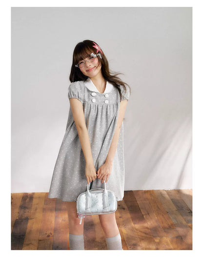 “Grey Sugar Cloud” Grey Polka Dot Doll Collar Dress
