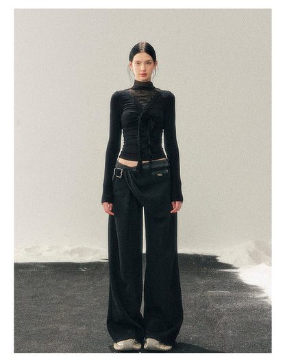 少也眼 “Vanishing Curve” Sheer Lace Turtleneck Base Top - Black