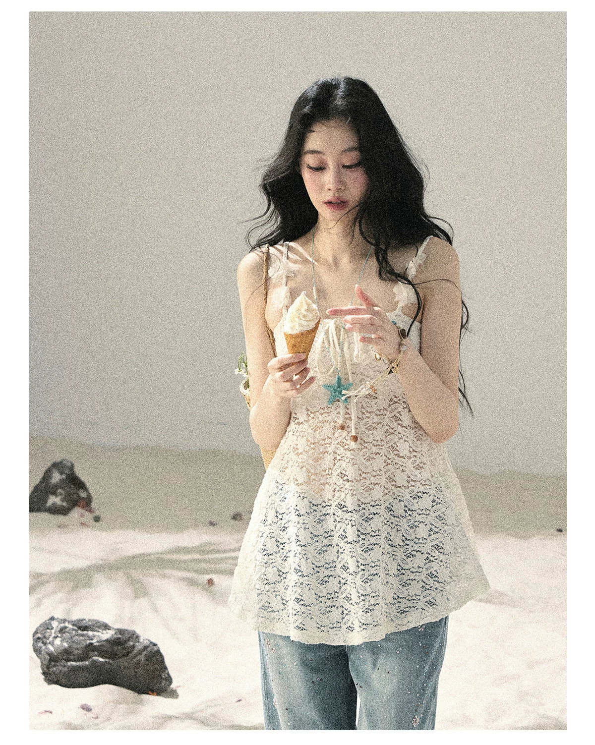 "Morning Mist" Frost White Lace Sheer Cami Top 65123
