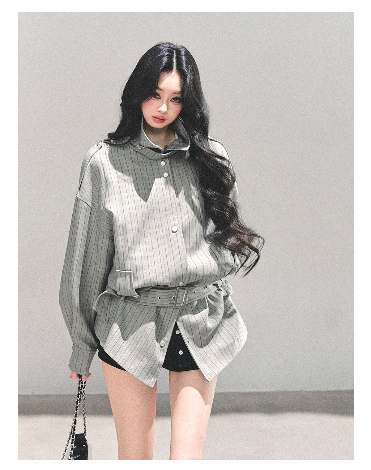 少也眼 “St. Martin Academy” French-British Striped High-Neck Jacket with Belt – Gray 94161