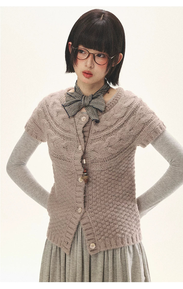 "Rice Knit" Wool-Blend Short Sleeve Knit Cardigan (Moss Coffee Green/ Dusk Dusty Pink)