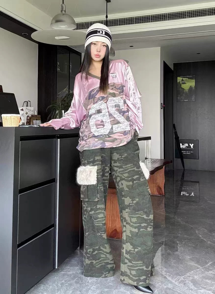 JN's DESIGN - Vintage Camo Wide-Leg Cargo Pants with Faux Fur Pockets