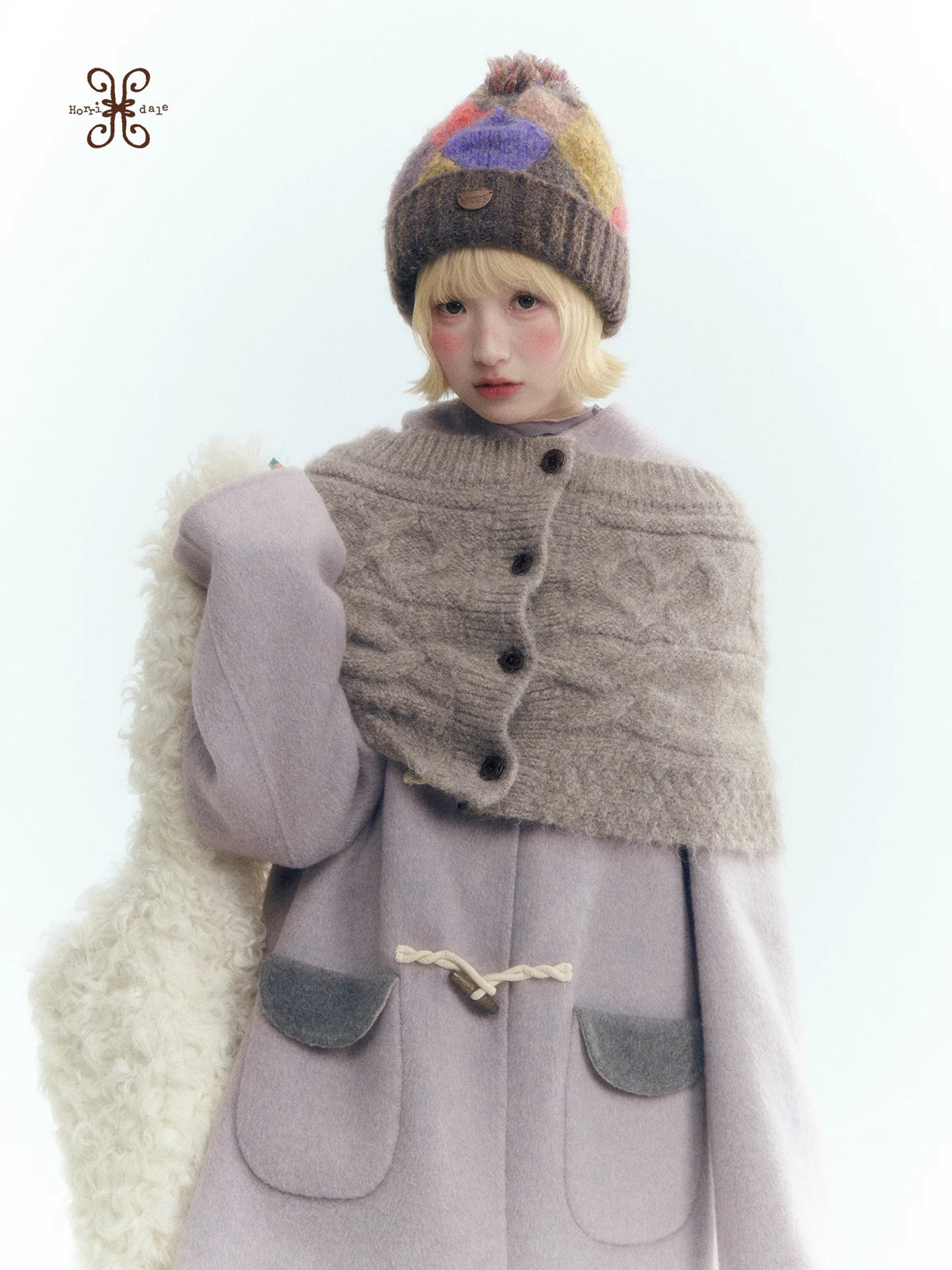 Horridale - Mist Gray Cable Knit Flower Button Shawl