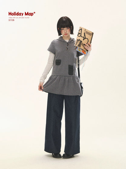 "Seoul Diary" Gray & Pink Stripe Hooded Knit Mini Dress