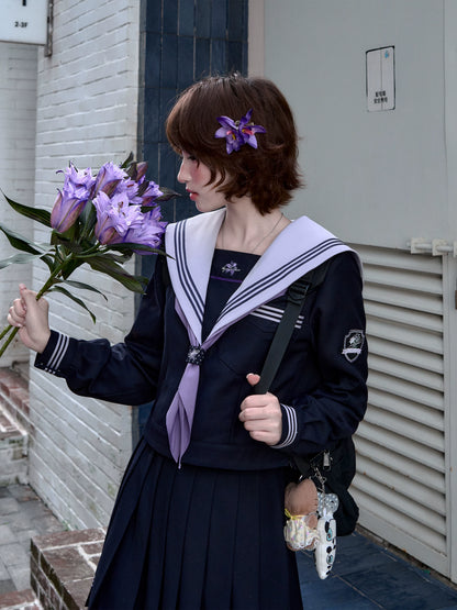 "Snow-Cleared Lily" Gray-Lilac JK Long-Sleeve Sailor Uniform Set