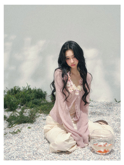 少也眼 “Spring Meadow Breeze” Floral-Embellished Mohair Knit Cardigan Set 5786998
