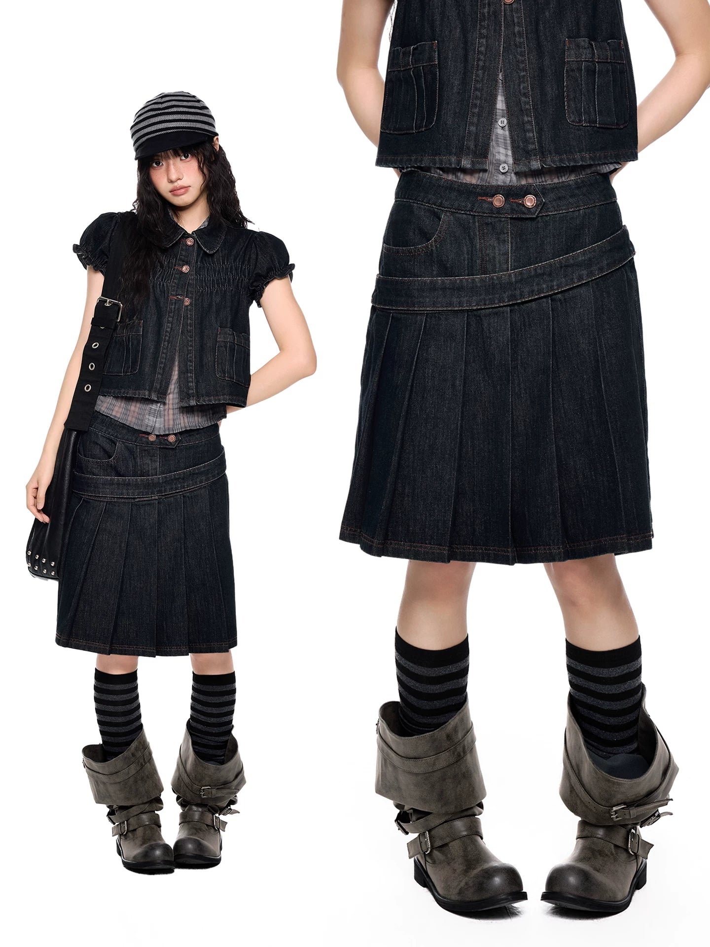 Vintage Peter Pan Collar Puff Sleeve Denim Set