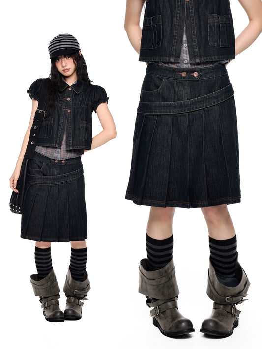 Vintage Peter Pan Collar Puff Sleeve Denim Set