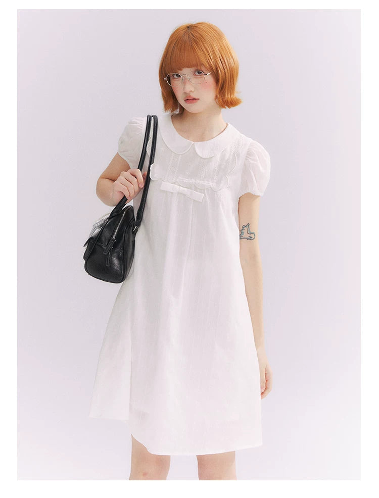 “Lace Sleep Song” White Embroidered Puff Sleeve Babydoll Dress