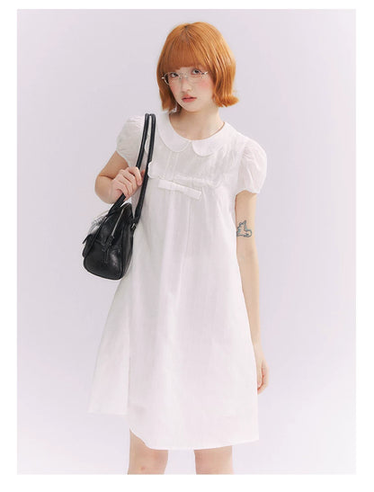 “Lace Sleep Song” White Embroidered Puff Sleeve Babydoll Dress