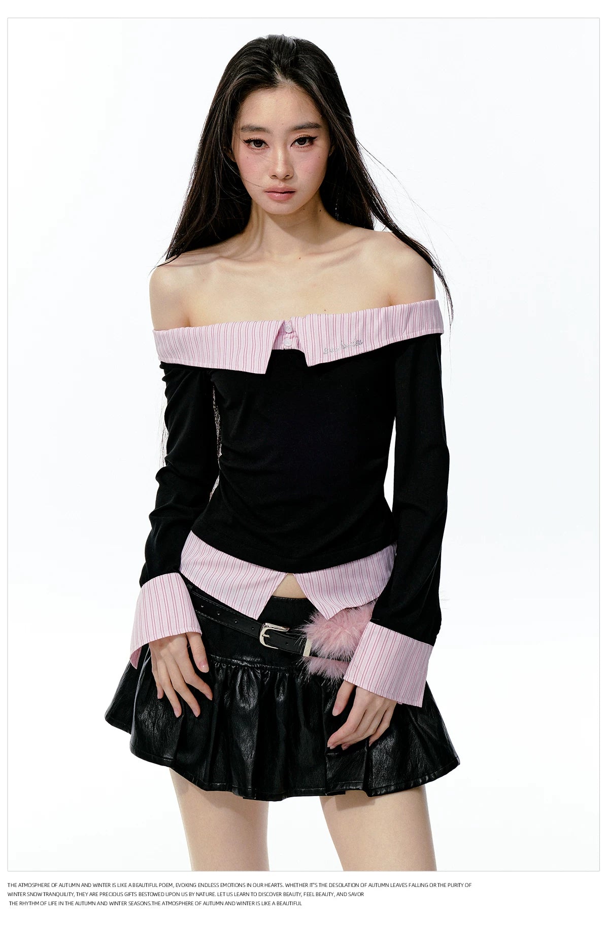 JN's DESIGN - Black & Pink Off-Shoulder Ruched Waist Top with Rhinestone Logo
