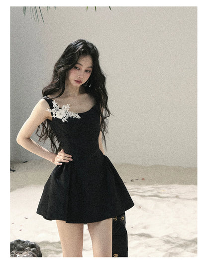 "Wisteria Climbing the Vines" Black Iris Floral Lace Puff Mini Dress 7645