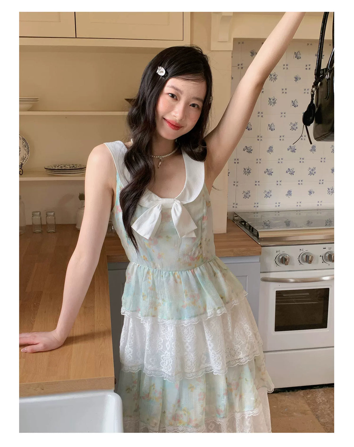 [RF] “Meadow Lilt” Light Green Floral Lace-Trim Tiered Maxi Dress
